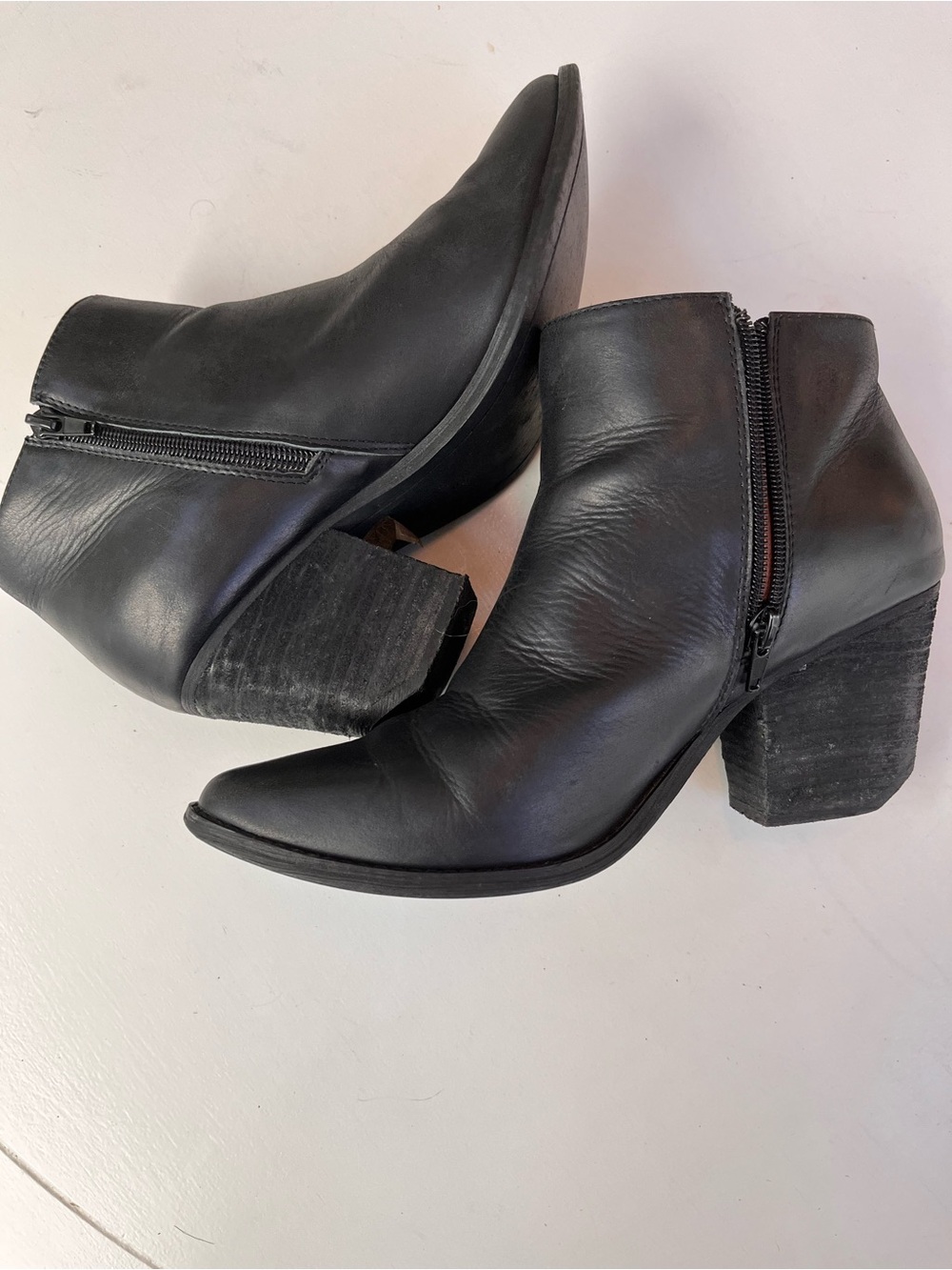 Jeffrey Campbell Black Leather Pointed Ankle Booties with Block Heel